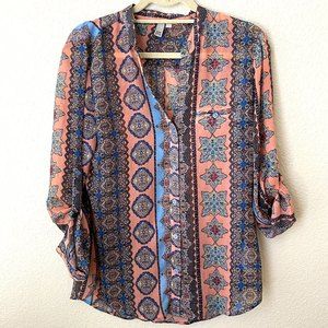 Kut from the Kloth Womens Roll Tab Sleeve Button Front Aztec Boho Blouse Top M